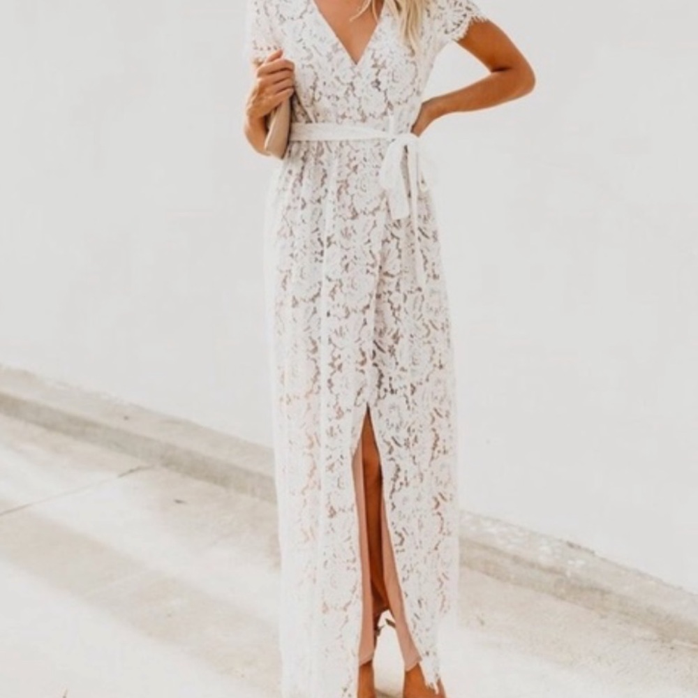 Vici White Lace Wrap Maxi “Calla” Maxi Dress